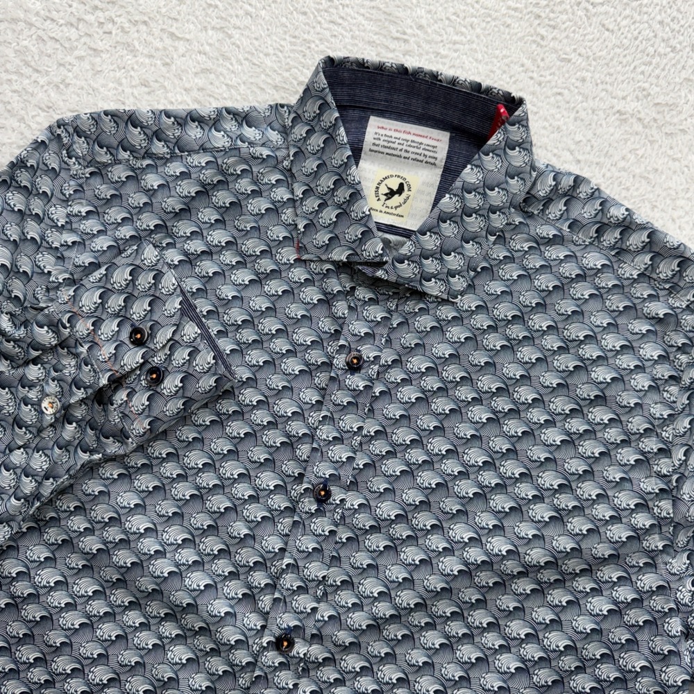 A Fish Named Fred Mens Blue Wave Print Button Down Shirt Long Sleeve Medium